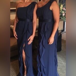 White‎ Vera Wang Navy Blue One Shoulder Cascade Front Black Ruffle Gown Dress 22